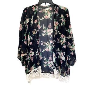 Rachel & Chloe Navy Blue White Floral Fringe Bohemian lace Kimono Size Large